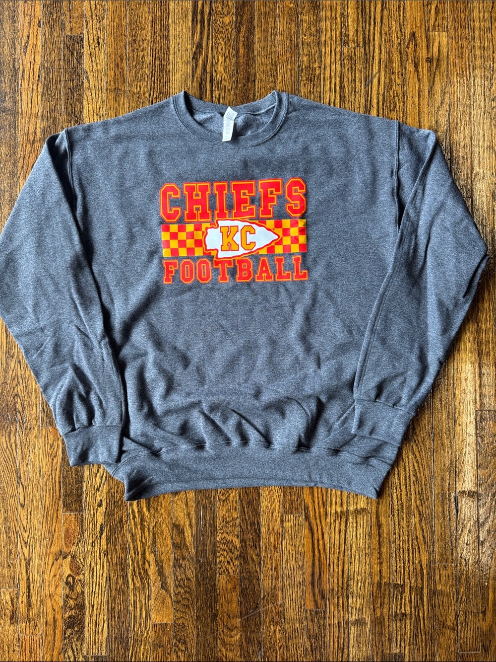 Gildan Gray Crewneck Sweatshirt with Red and Yellow Chiefs KC Football Graphic
